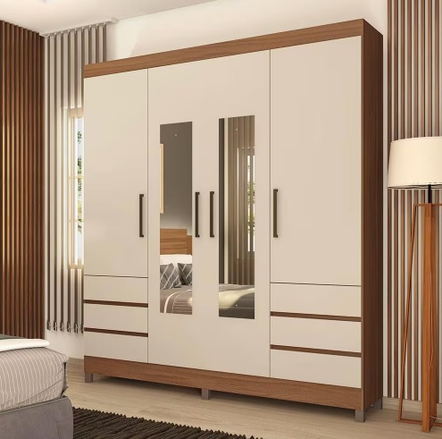 Guarda-Roupa Casal Demóbile Mônaco com 195 cm de Largura, 4 Portas, 6 Gavetas e Espelho