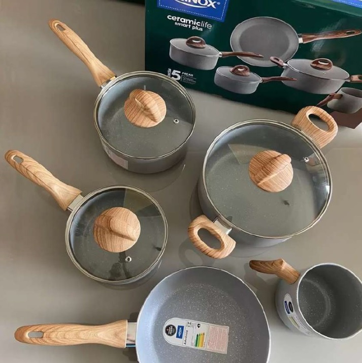 Jogo de Panelas Brinox Ceramic Life Smart Plus Gris, Antiaderente, Cinza, 5 Peças