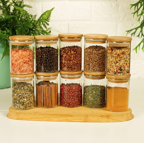 Jogo De 10 Potes Herméticos De Vidro Tampa De Bambu – 250 Ml Cor Marrom