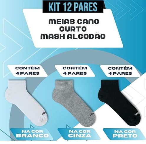 Kit 12 Pares Meias Cano Curto Algodão Mash Unissex Adulto