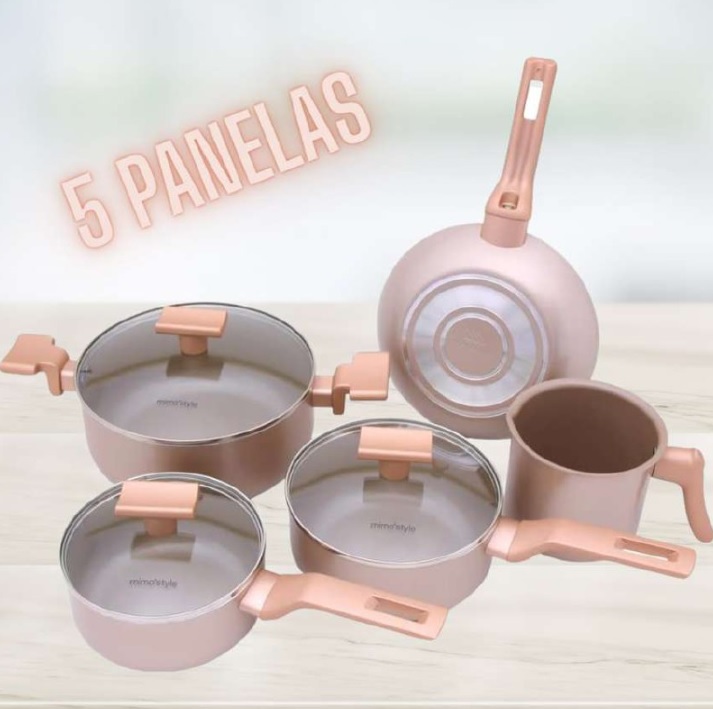 Mimo Style Conjunto 5 Panelas Sartin Cook Estrutura em Alumínio Revestida em Cerâmica, Base Alto Relevo. Tampa Vidro Temperado Alças e Cabos Soft-Touch. Fogão a Gás, Elétrico e Vitrocerâmico (Champanhe)