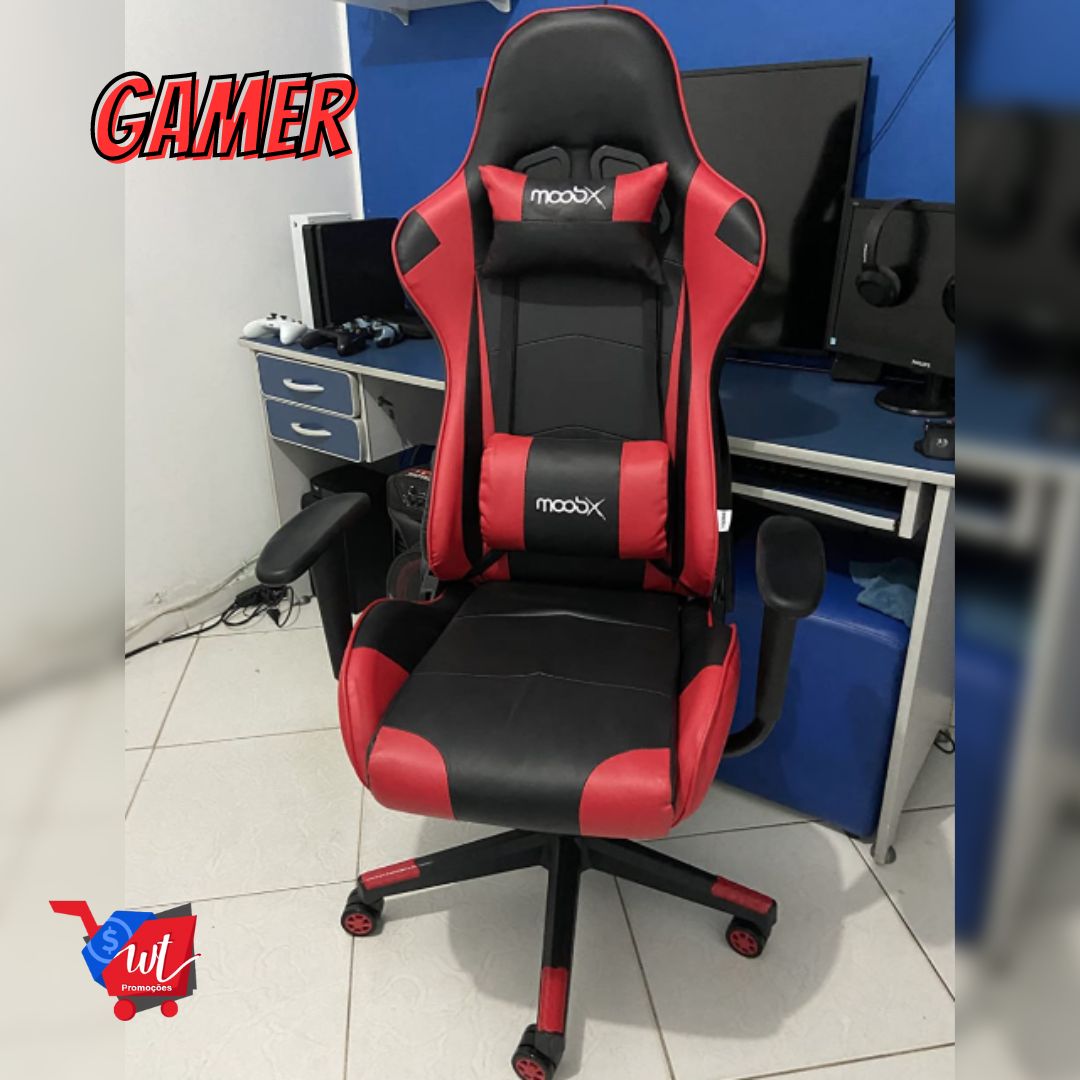 Moob Cadeira Gamer Reclinável GT Racer Com Almofadas para Lombar e Pescoço Preto/Vermelho