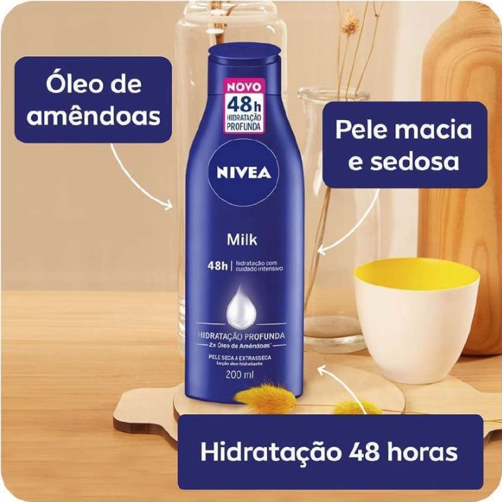 NIVEA Hidratante Corporal Milk Pele Seca – Nutrição intensa para pele seca a extrasseca, com fórmula cremosa que deixa a pele macia, cheirosa e hidratada por 48h – 200ml