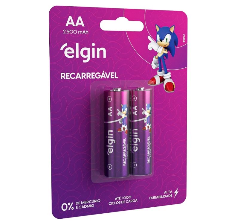 Pilha Recarregável Ni-MH AA-2500mAh blister com 2 pilhas, Elgin, Baterias, 82172