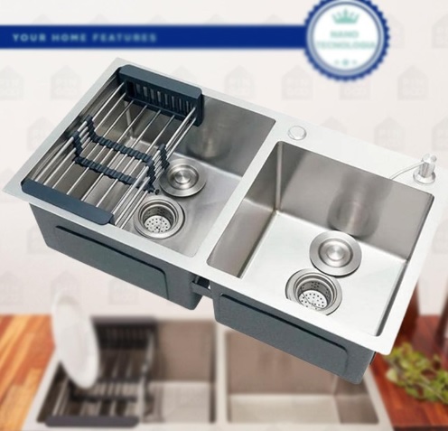 Pingoo,Casa, Cuba para Cozinha com Acessórios, Pia Dupla, Gourmet, Aço Inox 304, Awá, Prata