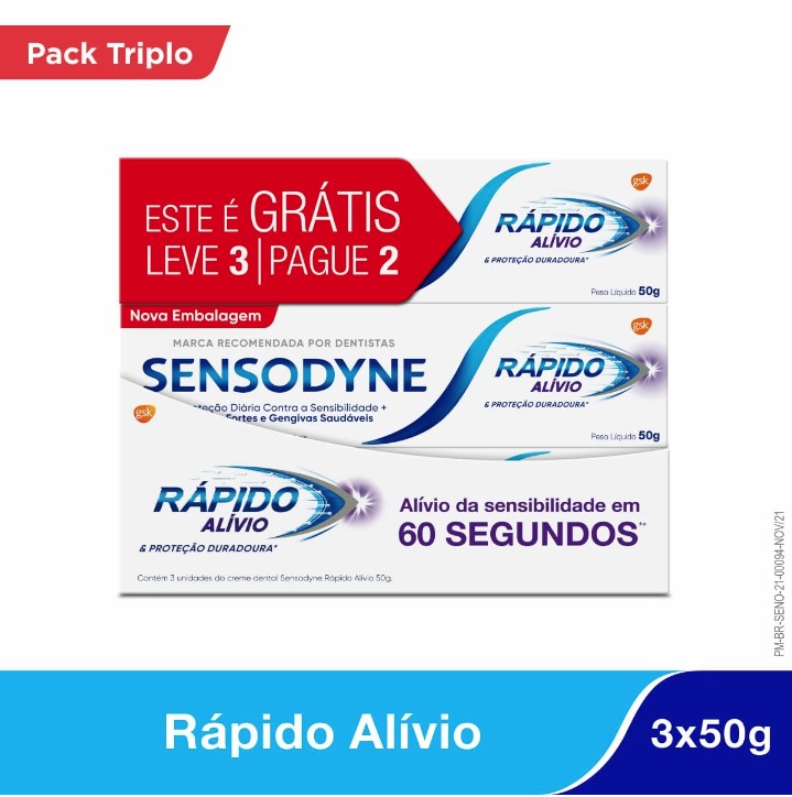 Sensodyne Creme Dental Rápido Alívio e Proteção Duradoura para Dentes e Gengivais Sensíveis, Leve 3 unidades e Pague 2, 50g cada