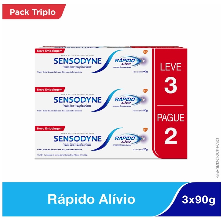 Sensodyne Creme Dental Rápido Alívio e Proteção Duradoura para Dentes e Gengivais Sensíveis, Leve 3 unidades e Pague 2, 90g cada