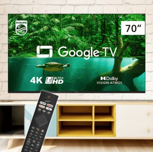 Smart TV 70” 4K UHD D-LED Philips Série 7408 VA – Wi-Fi Bluetooth Google Assistente 4 HDMI 2 USB