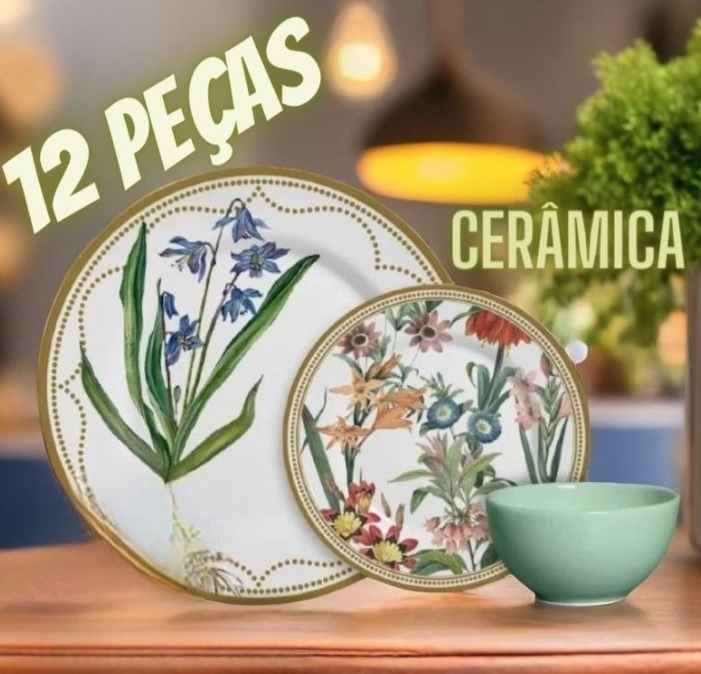 Aparelho de Jantar 12 Peças Alleanza Cerâmica Branco e Verde Água Redondo Bulbo