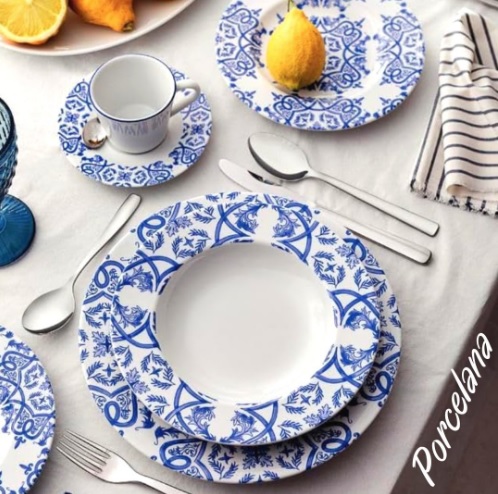 Aparelho de Jantar Sobremesa e Chá 20 Peças Tramontina de Porcelana Azul Redondo Algarve