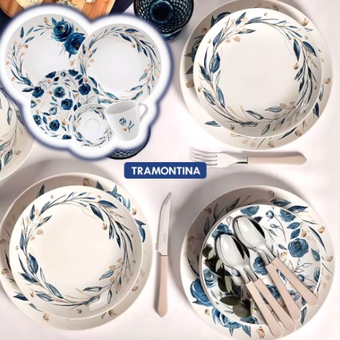 Aparelho de Jantar e Chá 20 Peças Tramontina – Porcelana Azul Redondo Ana Flor