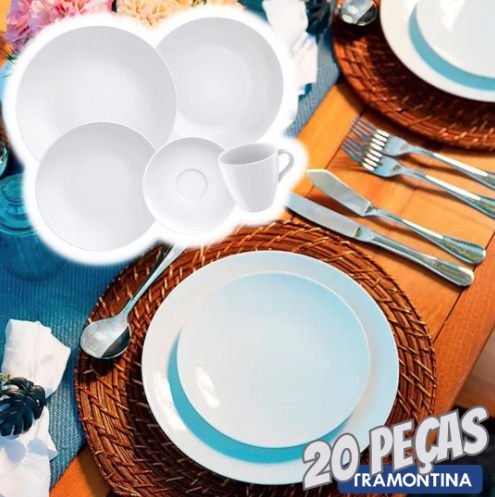 Aparelho de Jantar e Chá 20 Peças Tramontina de Porcelana Branco Redondo Silvia