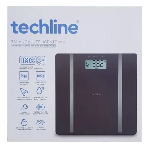 Balança Corporal Digital Por Bioimpedância TEC-117 Preta até 180 kg Techline