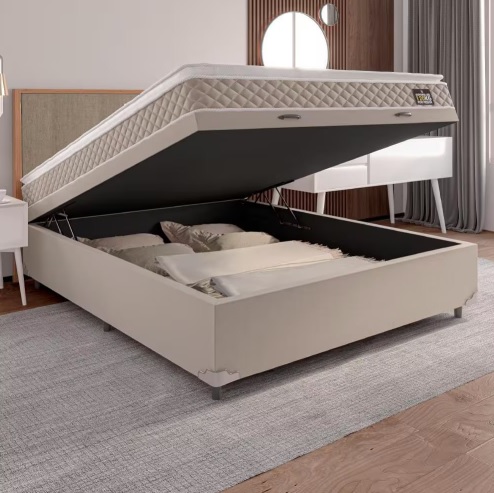 Cama Box Baú Casal Colchão D33 Pillow Top Millenium 138x188x57cm Bege – Suporta até 100kg por Pessoa