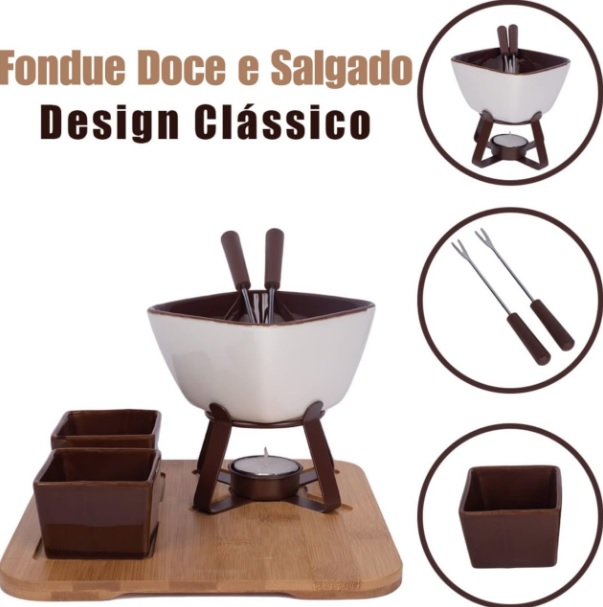 Conjunto Fondue em Cerâmica Quadrado 10 Peças Com Base em Bambu 300ml Chocolate Queijo 3 Velas
