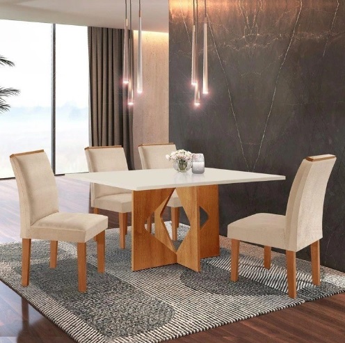 Conjunto Sala de Jantar Mesa Tampo Dakota Plus 120x80cm com 4 Cadeiras Laura Cel Móveis Cinamomo/Off White/Suede Pena