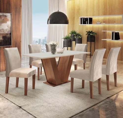 Conjunto Sala de Jantar Mesa Tampo MDF 6 Cadeiras Espanha Yescasa Chocolate/Off White/Tecido Pena Yescasa