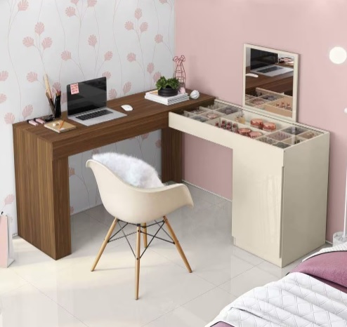 Escrivaninha Penteadeira de Canto com Espelho Star Belaflex Freijó/Off White