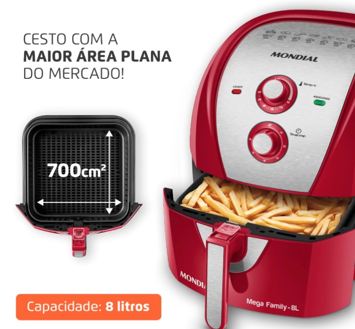 Fritadeira Sem Óleo Air Fryer 8L, Mondial, Vermelho/Inox, 1900W, 220V – AFN-80-RI