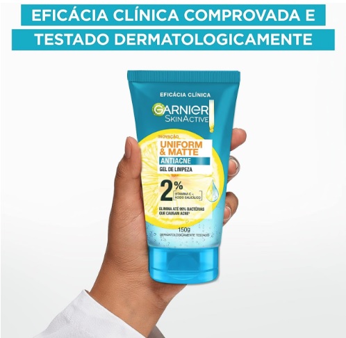 Gel de Limpeza GARNIER Uniform & Matte Antiacne, 150g – Elimina bactérias, Reduz Acne e Controla a Oleosidade