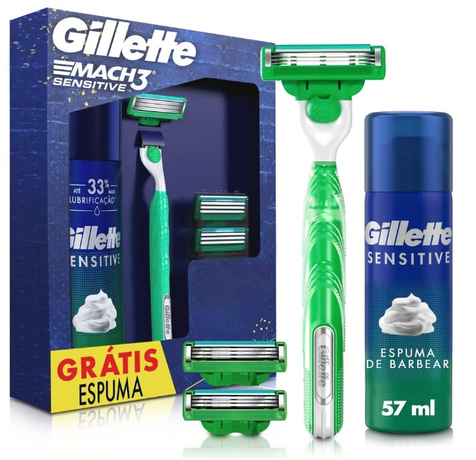 Gillette Mach3 Sensitive Aparelho De Barbear Recarregável com Cabo Antiderrapante + 3 Cargas e Espuma de 56ml, 1 Kit