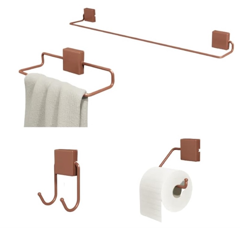 Kit Acessórios Banheiro Aço 4 Peças – Porta Toalha, gancho e porta papel higiênico (Rose Gold)
