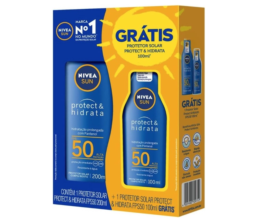 Kit NIVEA SUN Protetor Solar Protect & Hidrata FPS50 200ml + Protetor Solar Protect & Hidrata FPS50 100ml, Nivea