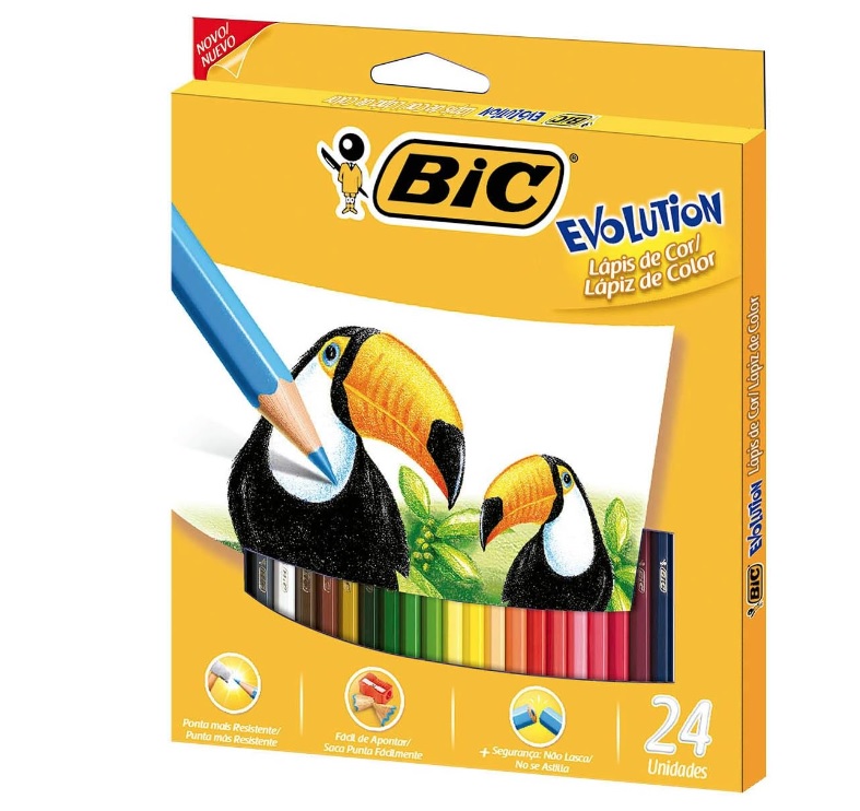 Lápis de Cor Sextavado BIC Evolution, 24 Cores, 902638, Blister 1 Unidade, Seguro Para Crianças, Não Lasca