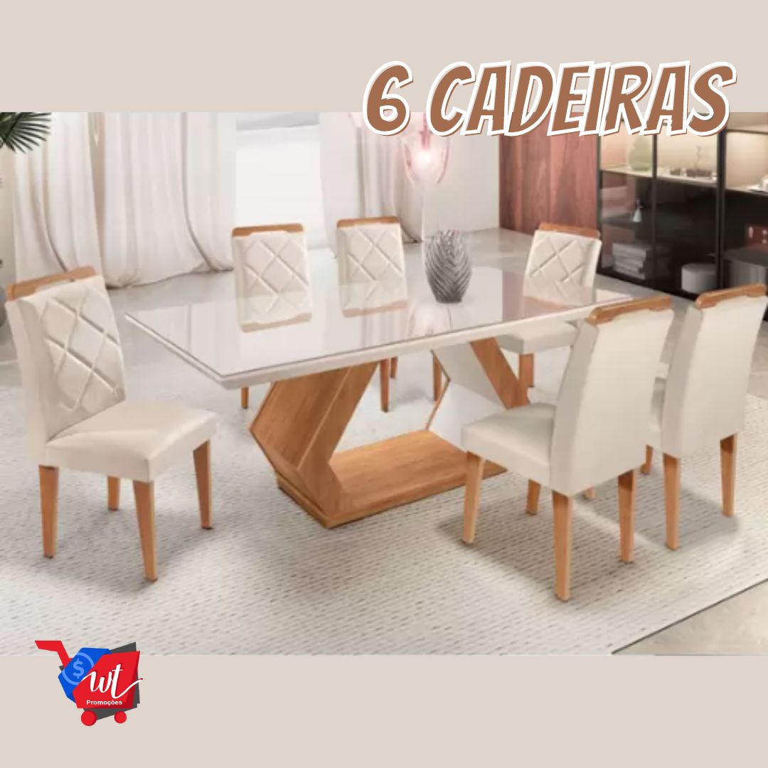 Mesa Alvorada 180 Tp Mdf Vidro canto Reto 6 Cadeiras Rufato