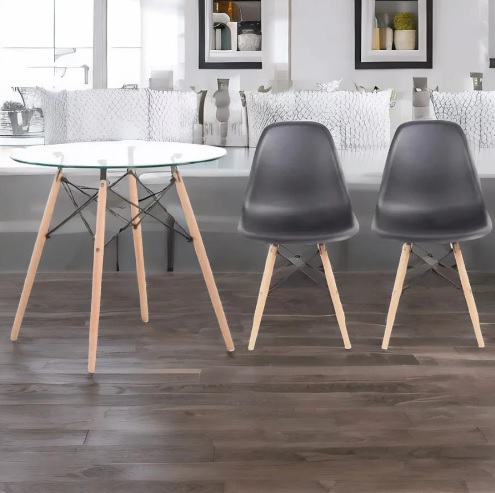 Mesa de Jantar 4 Lugares Tampo de Vidro – Otello com 2 Cadeiras Pé Palito Assento Preto
