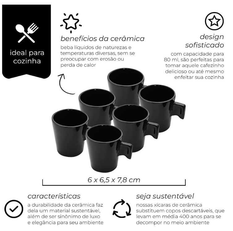 Mimo Style Mini Canecas Para Café Com 6 Peças Preta