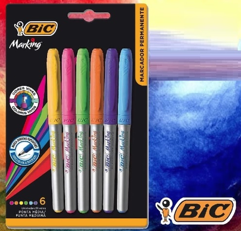 Pincel Marcador Permanente BIC Marking, Color Pastel, Ponta Média, 6 Cores