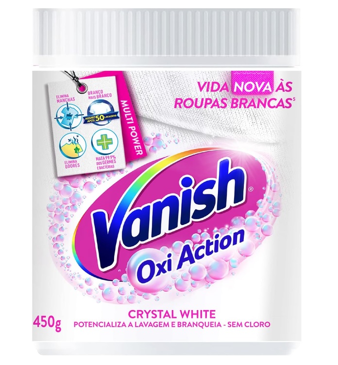 Tira Manchas em Pó Vanish Crystal White Oxi Action 450g para roupas brancas