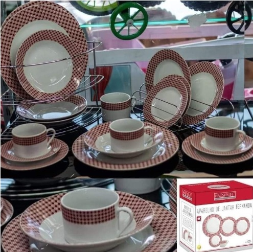 Aparelho de Jantar Chá 20 Peças Hauskraft – Porcelana Branco e Vermelho Redondo Fernanda