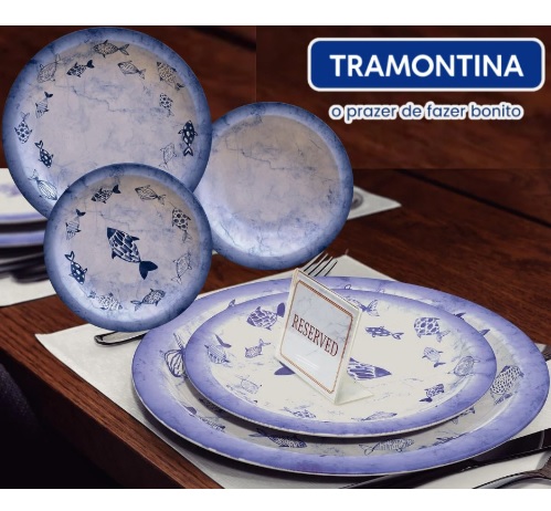 Aparelho de Jantar Porcelana Decorada Tramontina Peixes 12 Peças