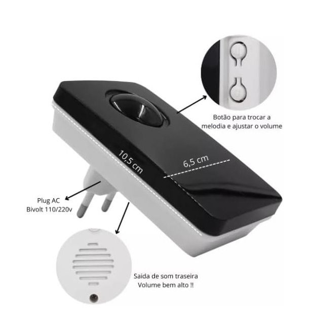 Campainha Sem Fio Bivolt, Prova Dágua com 32 Toques Longo Alcance