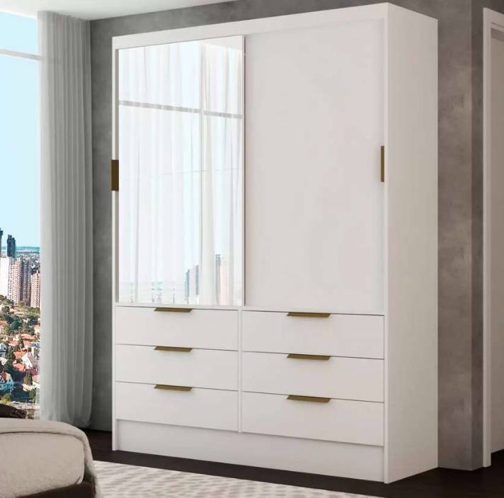 Guarda-Roupa Solteiro Taylor 2 Portas de Correr 6 Gavetas com Espelho Branco – Panorama Móveis