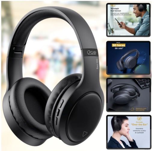 Headphone Bluetooth BASS 500 i2GO com Microfone Integrado, Controle Multimídia, Até 30h de bateria, Entrada cabo auxiliar P2 (Incluso)