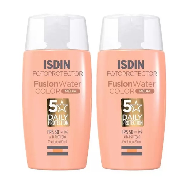 Isdin Fusion Water 5 Stars Color Kit com 2 Unidades Protetor Solar Facial com Cor FPS50 50ml Média
