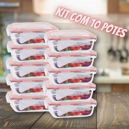 KIT 10 Potes de Vidro Retangular com Tampa Hermética 640ml (Vermelho)