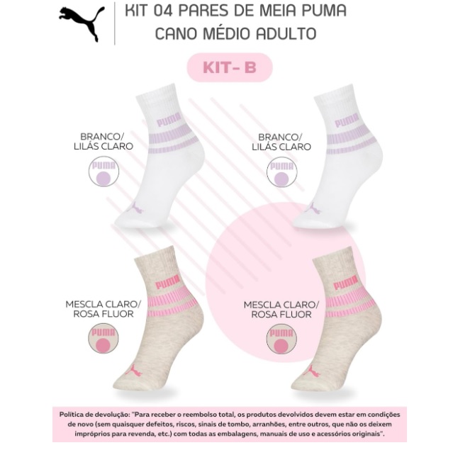 Kit 4 Pares Meia Puma Cano Médio Esportiva Feminina Adulto