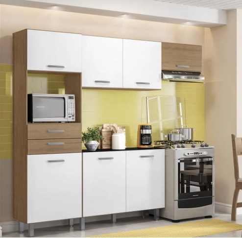 Kit Cozinha Poliman Móveis Lia com Balcão – Nicho para Micro-ondas 7 Portas 2 Gavetas