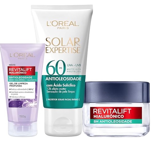 Kit L’Oréal Paris Antioleosidade: Gel Creme Hidratante Revitalif Hialurônico 49g + Gel de Limpeza Hialurônico 150g + Protetor Solar Facial Expertise Fps60 40g