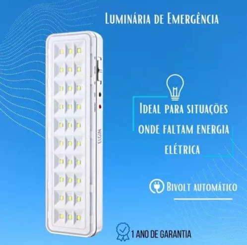 Luminária De Emergência 30 LEDS 2W Elgin Bivolt Bateria até 6 horas Luz Branca Fria