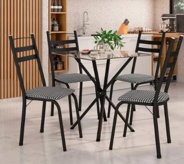 Mesa de Jantar 4 Cadeiras Quadrada Preta Tampo de Vidro Artefamol Léia Capri