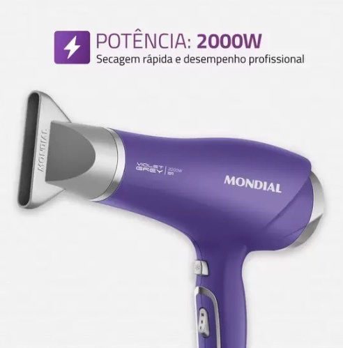 Secador de Cabelo Mondial Tourmaline Íon Lilás – e Prata 2000W 2 Velocidades Violet Grey SCN-05