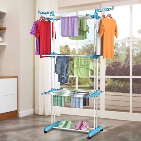 Super Varal Roupas Retrátil Articulado Dobrável Vertical Cor Azul-claro