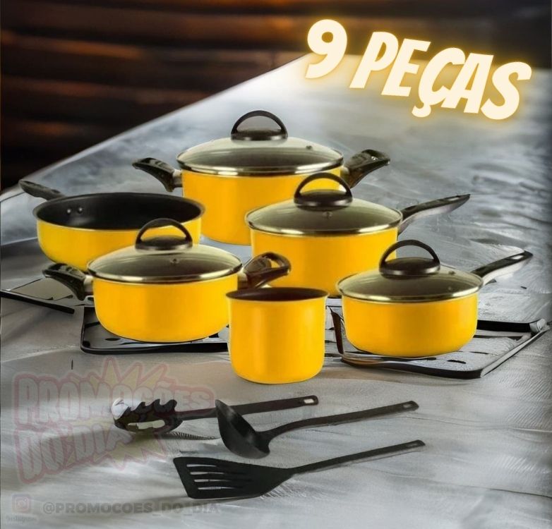 Conjunto de Panelas Antiaderente 9 Peças Amarelo com Tampa de Vidro e Utensílios Trofa