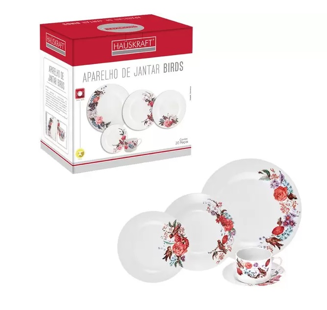 Aparelho de Jantar Chá 20 Peças Hauskraft – Porcelana Branco Birds