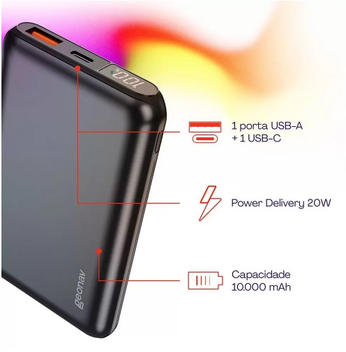 Carregador Portátil Power Bank Geonav, 10.000 mAh, Cinza Espacial – PB10K20WSG